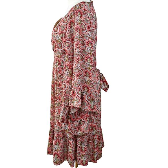 Betsey Johnson Floral Tapestry V Neck Ruffle Empire Dress Bell Sleeve Sz 10 - Picture 4 of 8